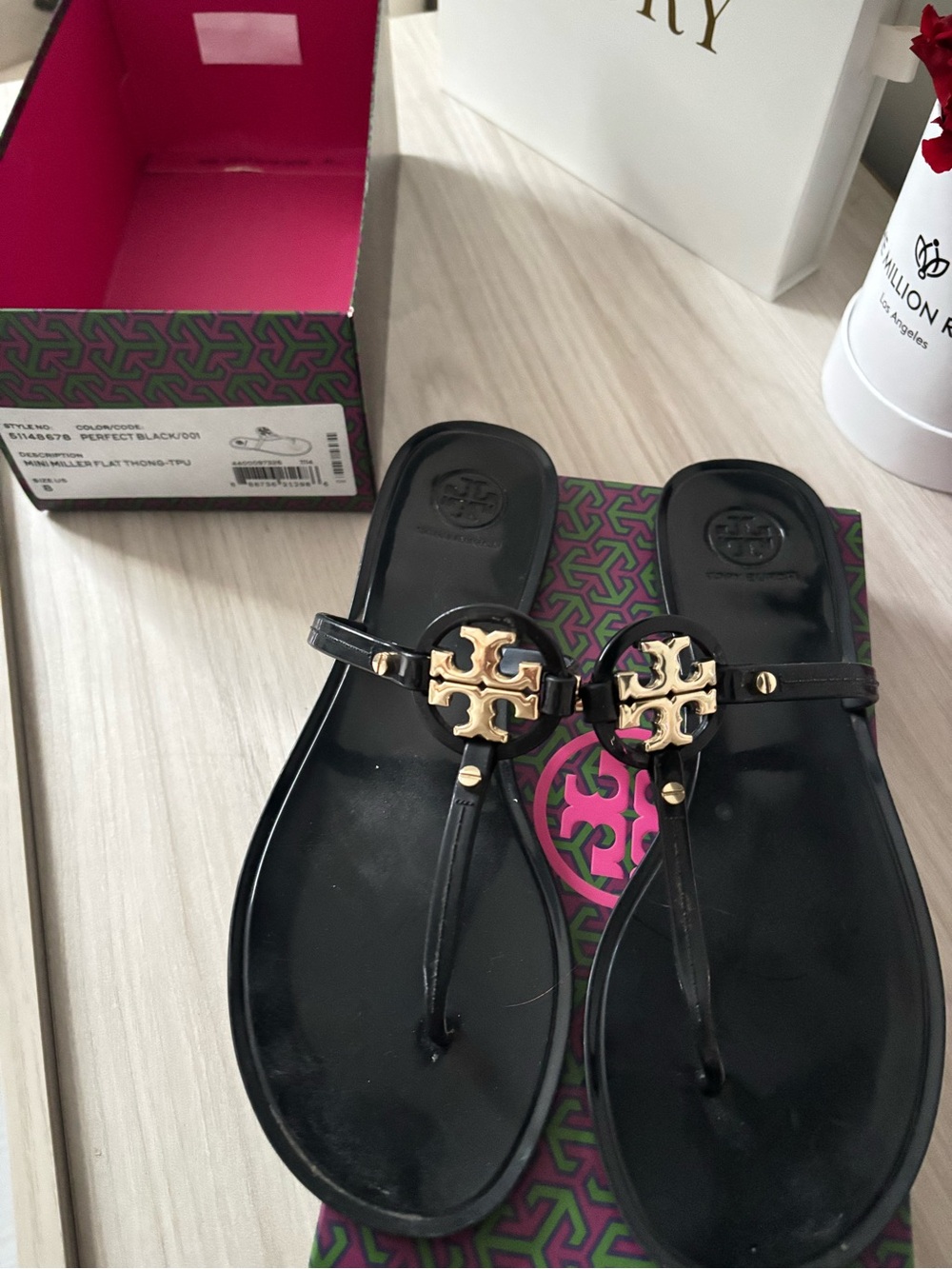Tory Burch Black Jelly Thong Sandals with Gold Logo